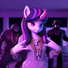 a group of people standing around each other in front of a purple background with an animated pony