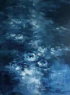 a painting of water lillies in blue and white colors on a dark background with light reflections