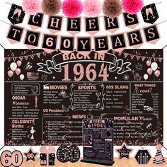 a chalkboard sign that says cheers to 50 years back in 1994 with pink pom poms