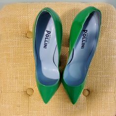 Green Patent Studio Pollini Pumps Featuring A Black And White Geometric Block Heel 4" Heel Never Worn Nwot Green Patent Leather Heels For Formal Occasions, Green Almond Toe Heels, Green Block Heels, Shoes Green, Black Green, Shoes Women Heels, Block Heels, Shoes Heels, A Black