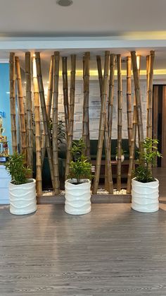 three white planters with plants in them on the floor next to a wall made out of bamboo sticks