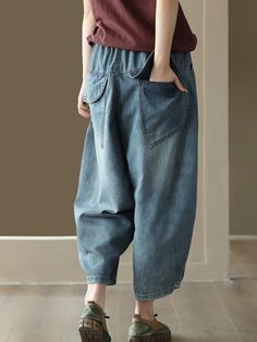 Material: 100% Cotton Style: Retro Waist: Elastic Waist Pattern: Patch Pants Style: Harem Pants Pants Length: Ankle-Length Season: Spring, Summer Style Harem Pants, Retro Patch, Patch Pants, Summer Retro, Pants Style, Summer Season, Style Retro, Cotton Style, Denim Pants