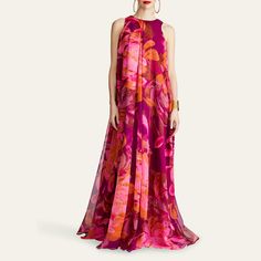 Halston "Moira" gown in floral-print chiffon Approx. 63"L from shoulders to hem Jewel neckline Sleeveless On-seam pockets Floor-sweeping hem Trapeze silhouette Invisible back zipper Polyester Dry clean Imported Floor-length Floral Print Silk Chiffon Maxi Dress, Floor-length Silk Chiffon Maxi Dress With Floral Print, Floral Print Silk Chiffon Floor-length Maxi Dress, Flowy Sleeveless Chiffon Dress For Gala, Chiffon Maxi Dress With Floral Print For Gala, Formal Georgette Maxi Dress With Floral Print, Sleeveless Pink Maxi Dress With Lined Bodice, Sleeveless Silk Chiffon Wedding Dress, Silk Chiffon Sleeveless Wedding Dress