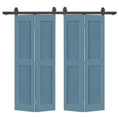 an open blue door with black hardware on the top and bottom, in front of a white background