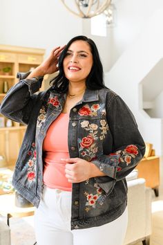 We are so excited about the Lovely Visions Flower Embroidered Jacket! This stunning jacket is shaped from a sturdy denim, with a collared neckline topping a functional button front. Long sleeves with button cuffs frame a relaxed fit bodice decorated in a colorful and beautifully intricate floral embroidery, ending at a straight cut hem. Non-stretch 100% cotton Wash cold, hang dry True to size Measurements listed below are of the actual clothing itemS: Chest 44" Length 25"M: Chest 45" Length 25"L Western Graphic Tees, Wide Jeans, Embroidered Jacket, Sweater Blouse, Dress Romper, Fitted Bodice, Straight Cut, Embroidered Flowers, Skirt Pants