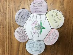 a paper flower with writing on it sitting on top of a wooden table next to a pen