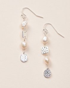 Parker Pearl Dangle Earrings - Shop Luxe Jewelry | Dareth Colburn White Hammered Dangle Jewelry, White Hammered Dangle Earrings, Hypoallergenic Metal Dangle Pearl Earrings, Hypoallergenic Dangle Pearl Earrings, Hammered Drop Pearl Earrings As Gift, Jewelry Shop Ideas, Luxe Jewelry, Single Bead, Pearl Dangle Earrings