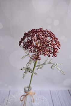 a small glass vase filled with flowers on top of a white wooden table next to a doily