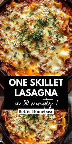 one skillet lasagna in a cast iron skillet with text overlay