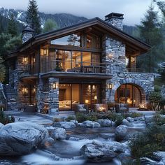 a large house sitting on top of a lush green hillside next to a river in front of a forest