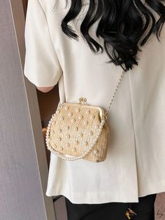 BirdinBag - Chic Straw Bag with Faux Pearl Decor and Chain Strap - Ideal for Summer Travel Summer Formal Bags With Pearl Handle, Formal Summer Bag With Pearl Handle, Elegant Bags With Chain Strap For Errands, Gold Crossbody Shoulder Bag With Pearl Handle, Formal Summer Shoulder Bag With Chain Strap, Elegant Summer Bag With Chain Strap, Gold Bag With Chain Strap For Summer, Trendy Gold Bag With Pearl Handle, Chic Summer Bag With Chain Detail