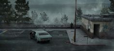 a car parked in a parking lot next to a building with fog on the ground