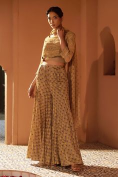 Dark beige floral thread embroidered jacket. Paired with a plain blouse, floral print sharara and dupatta. - Aza Fashions Floral Print Sharara, Blouse And Sharara, Beige Blouse, Plain Blouse, Sharara Set, Floral Jacket, Dark Beige, Embroidered Jacket, Set For Women