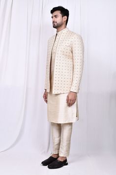 Cream jacket with thread embroidery in geometric pattern. Paired with matching kurta and pant. - Aza Fashions Pant Art, Pattern Jacket, Cream Jacket, Cocktail Reception, Nehru Jackets, Kurta With Pants, Thread Embroidery, Embroidered Jacket, Jacket Pattern