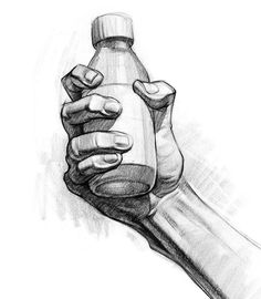 a drawing of a hand holding a bottle with one hand and the other arm wrapped around it