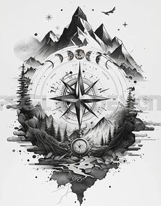 a black and white drawing of a compass with mountains in the background, watercolor on paper