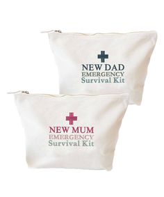 two bags with the words new mum and emergency survival kit printed on them are shown