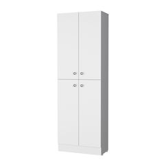 a tall white cabinet with two doors on one side and three drawers on the other