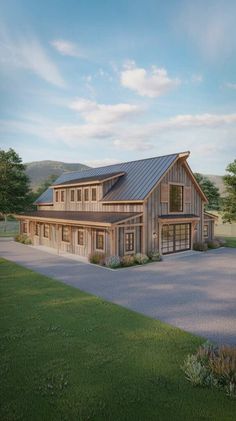 this is an artist's rendering of the front elevation of a barn style home