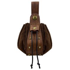 a brown leather bag with brass hardwares and straps on the front, hanging from a hook