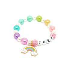 These adorable stretchy bracelets feature an enameled rainbow charm with happy and sad clouds, acrylic alphabet beads, resin rhinestone beads, a pastel rainbow of 10mm acrylic pearls and 8mm white acrylic pearls double strung with durable stretch floss cord. Enter the name one name you would like on each bracelet in the personalization box. Your bracelets will arrive in organza bags making them ready to give as gifts. Please message me if you have any questions or if you would like to make some Personalized Adjustable Rainbow Jewelry, Adjustable Personalized Rainbow Jewelry, Playful Rainbow Jewelry With Letter Beads, White Customizable Novelty Jewelry, Customizable White Novelty Jewelry, Customizable Novelty White Jewelry, Personalized Rainbow Beaded Bracelets Cute Style, Personalized Rainbow Beaded Bracelets For Birthday, Personalized Rainbow Beaded Bracelet For Birthday