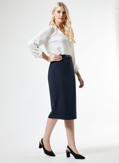 Navy Naples tailored knee length pencil skirt with skinny black faux leather belt and belt loops. 75% Polyester, 18% Viscose, 7% Elastane. Machine washable. Navy Pencil Skirt, Knee Length Skirt Pencil, Wide Fit Shoes, Faux Leather Belts, Pencil Skirt Black, Navy Women, Beauty Accessories, Fashion Face, Dorothy Perkins