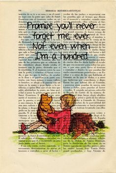 an old book page with winnie the pooh and her teddy bear hugging each other