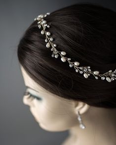 The essence of bridal elegance, this exquisite 14-inch wedding hair vine is adorned with lustrous freshwater pearls and dazzling rhinestones. Use it as a headband, bun wrap, or to add a touch of refined sophistication to your wedding day hairstyle. With a loop at each end for securing with a bobby pin, you can dance the night away in glorious wedding glamour! Longer version here! Wedding Day Hairstyle, Long Wedding Hair, Headband Bun, Long Hair Vine, Pearl Halo, Vine Headband, Wedding Glamour, Bun Wrap, Wedding Hair Vine