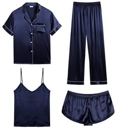 PRICES MAY VARY. 【Premium Material】--- This 4 piece pajama set is made of high-quality satin(95% Polyester, 5% Spandex), which is very soft, lightweight, and comfortable. This lightweight pajama set has a silky texture that will make you feel smooth and shiny, never pilling or fading, and help you sleep well, dreamlike. 【4Pcs Pajama Set】--- Women 4 pcs pjs sets include spaghetti strap cami top, a button-down short sleeve sleepshirt, a pair of shorts, a pair of long pants. This four-piece sets fo Maternity Pajama Set, Bridal Sleepwear, Satin Pjs, Silk Pjs, Bridesmaid Pajama Set, Christmas Pj, Maternity Pajamas, Satin Sleepwear, Pajamas Sets