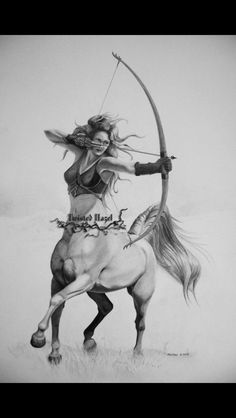 a pencil drawing of a woman riding on the back of a horse with a bow and arrow