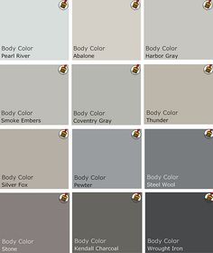 Recommended palette of grey Benjamin Moore Paints from interview on Design Crisis Pantone Azul, Benjamin Moore Gray, Revere Pewter, Pearl River, Nice Colors, Foto Tips, Shades Of Gray, Steel Wool