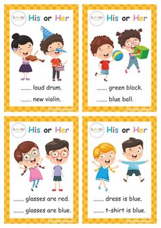 four children's cards with words and pictures on them