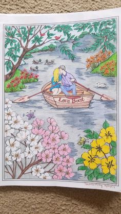 a drawing of two people in a boat on the water surrounded by flowers and trees