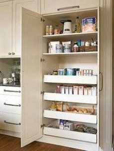 an open pantry door in a kitchen with white cupboards and drawers on the side