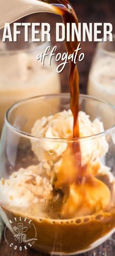 a glass bowl filled with ice cream and sauce being poured into it, on top of a wooden table