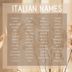 the names of italian names in front of a vase filled with dried flowers and leaves