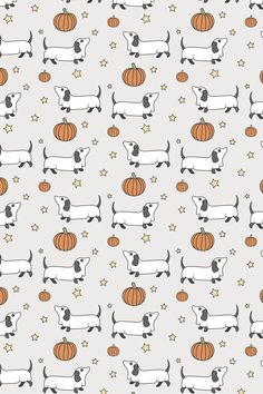 a pattern with dogs and pumpkins on a gray background that has stars, stripes, and dots