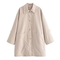 F00210957-104 Cream Single-breasted Button-up Outerwear, Beige Long Cotton Coat, Beige Cotton Long Coat, Beige Collared Outerwear With Button Closure, Beige Lapel Collar Outerwear With Button Closure, Beige Collared Outerwear With Pockets, Beige Long Sleeve Outerwear With Buttoned Pockets, Beige Long Sleeve Outerwear With Button Closure, Beige Long Sleeve Outerwear With Pockets