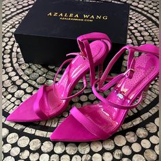 Brand New W/Box 4 1/2” Heels Ombrd Crystal Heel Color: Magenta/Pink Pink Sandals With 4-inch Heel For Evening, Pink Ankle Strap Feminine Heels, Pink Feminine Ankle Strap Heels, Pink Open Heel Sandals For Night Out, Feminine Pink Ankle Strap Heels, Chic Pink Heels With Ankle Strap, Chic Pink Ankle Strap Heels, Pink High Heel Sandals For Night Out, Pink High Heel Sandals For A Night Out