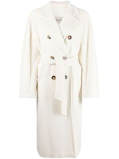 white virgin wool-cashmere blend notched lapels double-breasted button fastening detachable waist belt long sleeves two side inset pockets full lining calf-length straight hem Max Mara Coat, Coat White, Double Breasted Trench Coat, Single Breasted Coat, Belted Coat, Double Breasted Coat, Outerwear Coats, Max Mara, Outerwear Women