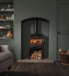 a wood burning stove in a living room