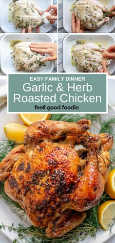 garlic and herb roasted chicken on a plate with lemons