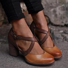 Rodress-women-vintage-color-block-sandals Preppy Shoes, Block Sandals, Chunky High Heels, Buckled Heels, Buckle Shoes, Vintage Color, Genuine Leather Shoes, Lace Up Heels, Women Vintage