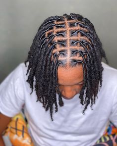 Starter Locs Middle Part, Faux Locs Hairstyles For Men, Medium Size Locs Men, Middle Part Starter Locs, Locs With Middle Part, Medium Locs Men, Middle Part Dreads, Middle Part Dreads Men