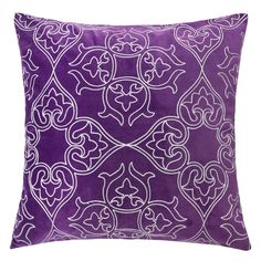 a purple and white pillow with an intricate design on the front, in square shape