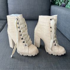 Nwt Schutz S-Zara Heel Boots 7.5 Never Worn. Cream Platform Lace-up Boots, Beige Heels With Textured Sole And Round Toe, Beige Platform Lace-up Boots, Beige Lace-up Boots With Reinforced Heel, Beige Lace-up Synthetic Boots, Cream Lace-up Platform Boots, Cream Synthetic Boots With Reinforced Heel, Zara Heels, Heel Boots