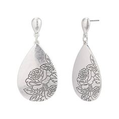 Simple and sophisticated this earring features an etched floral pattern for an easy wardrobe update. No stones. Made in China. Exclusively at Walmart. Size: one size.  Color: Silver.  Gender: female.  Age Group: adult. Easy Wardrobe, Metal Drop, Metal Etching, Silver Jewelry Earrings, Wardrobe Update, The Pioneer Woman, Hammered Metal, Metal Bar, Pioneer Woman