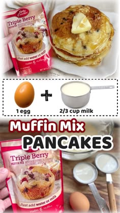 the ingredients for muffin mix are shown in this collage, including eggs and pancakes