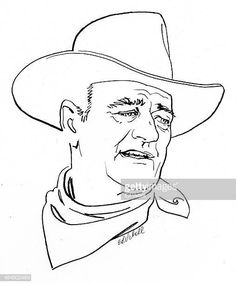 a black and white drawing of a man wearing a cowboy hat with a scarf around his neck