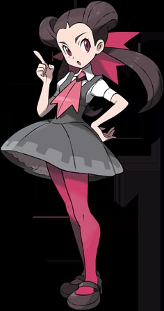 an anime character with long hair wearing a dress and pink tights, pointing to the side